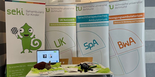 Foto eines Infostandes, Tisch mit Infomaterial und vier Aufsteller im Hintergrund von seki, UK, SpA und BwA
